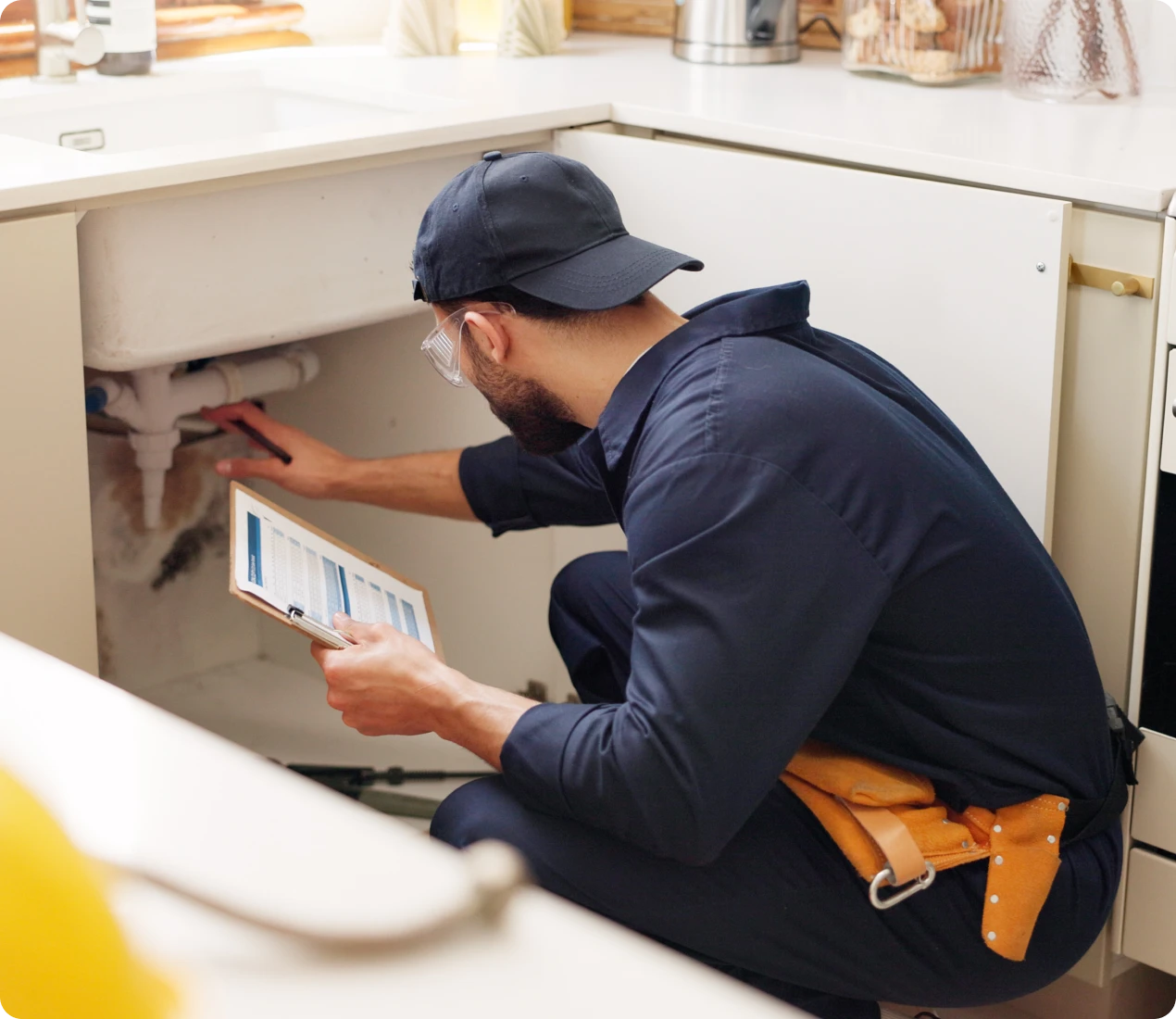 Technician inspecting under-sink plumbing