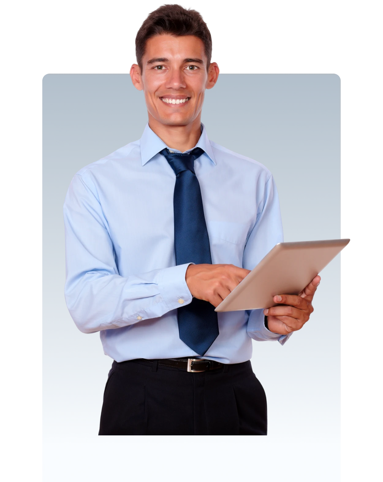 Smiling man holding a tablet