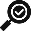 Magnifying glass with a checkmark inside.